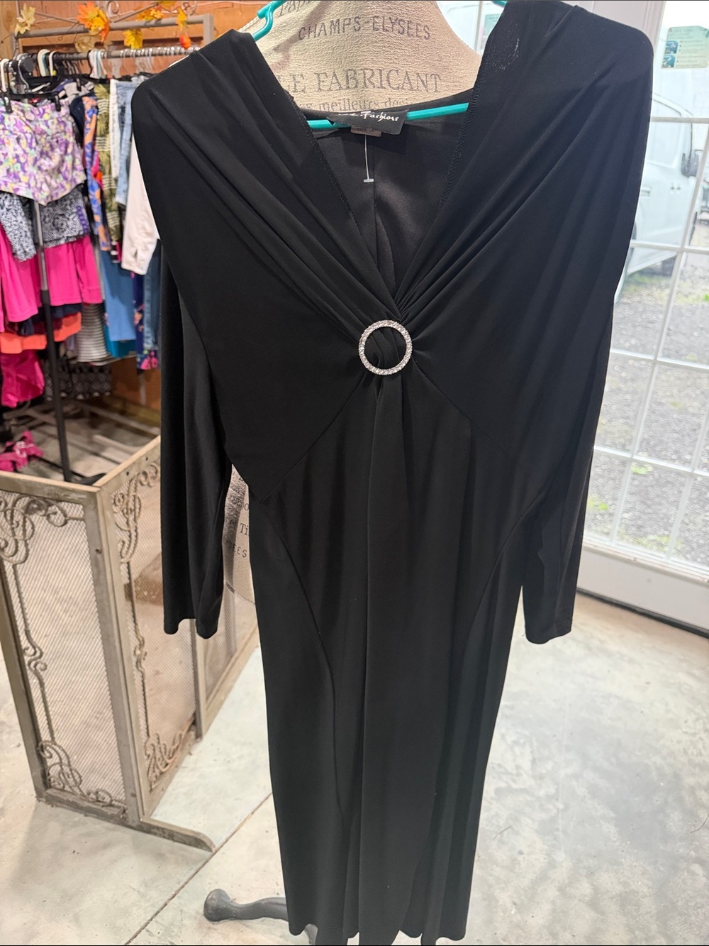 SL Fashions Black Long-Sleeve V-Neck Dress with Rhinestone Ring